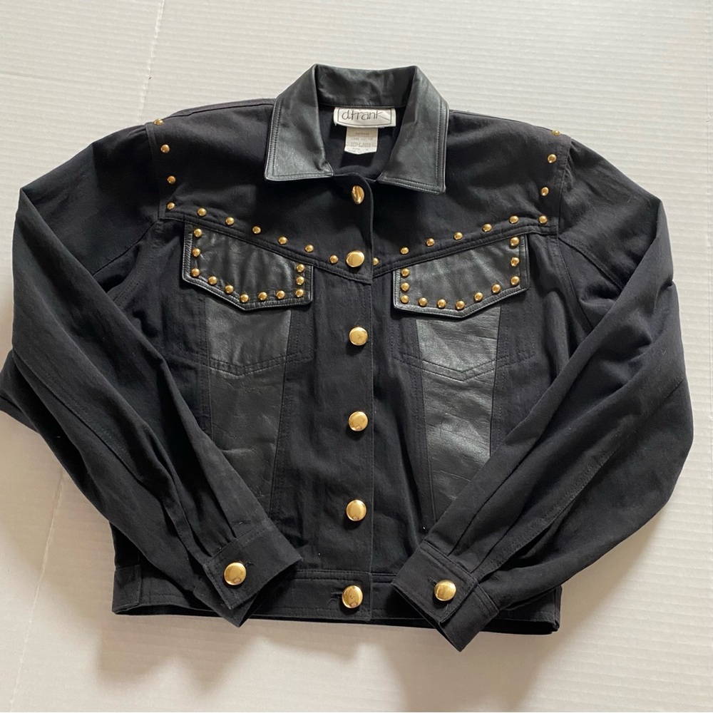 Y2K Black Studded Jean Jacket With Black Leather Collar Shoulder Pads Sz M